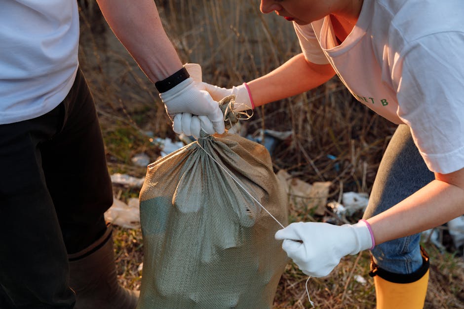 Two individuals wearing white t-shirts and white gloves are engaged in collecting rubbish outdoors, with one person holding a large, beige, woven plastic bag filled with waste. The person on the right is pulling a drawstring to secure the bag, which appears to contain an assortment of debris, possibly including plastic and organic material. They are situated in a natural environment with dry grass, small plants, and scattered litter visible in the background. The scene is illuminated by natural sunlight, creating a clear and bright setting that emphasizes the focus on waste collection. This activity illustrates private or on-site rubbish clearing, aligning with services provided by companies like House Clearance Fulham, which offer alternative waste handling solutions beyond council collection. The textures of the fabric bag, the smooth gloves, and the casual outdoor clothing of the individuals are distinct, highlighting the manual effort involved in rubbish removal activities aimed at maintaining clean environments.